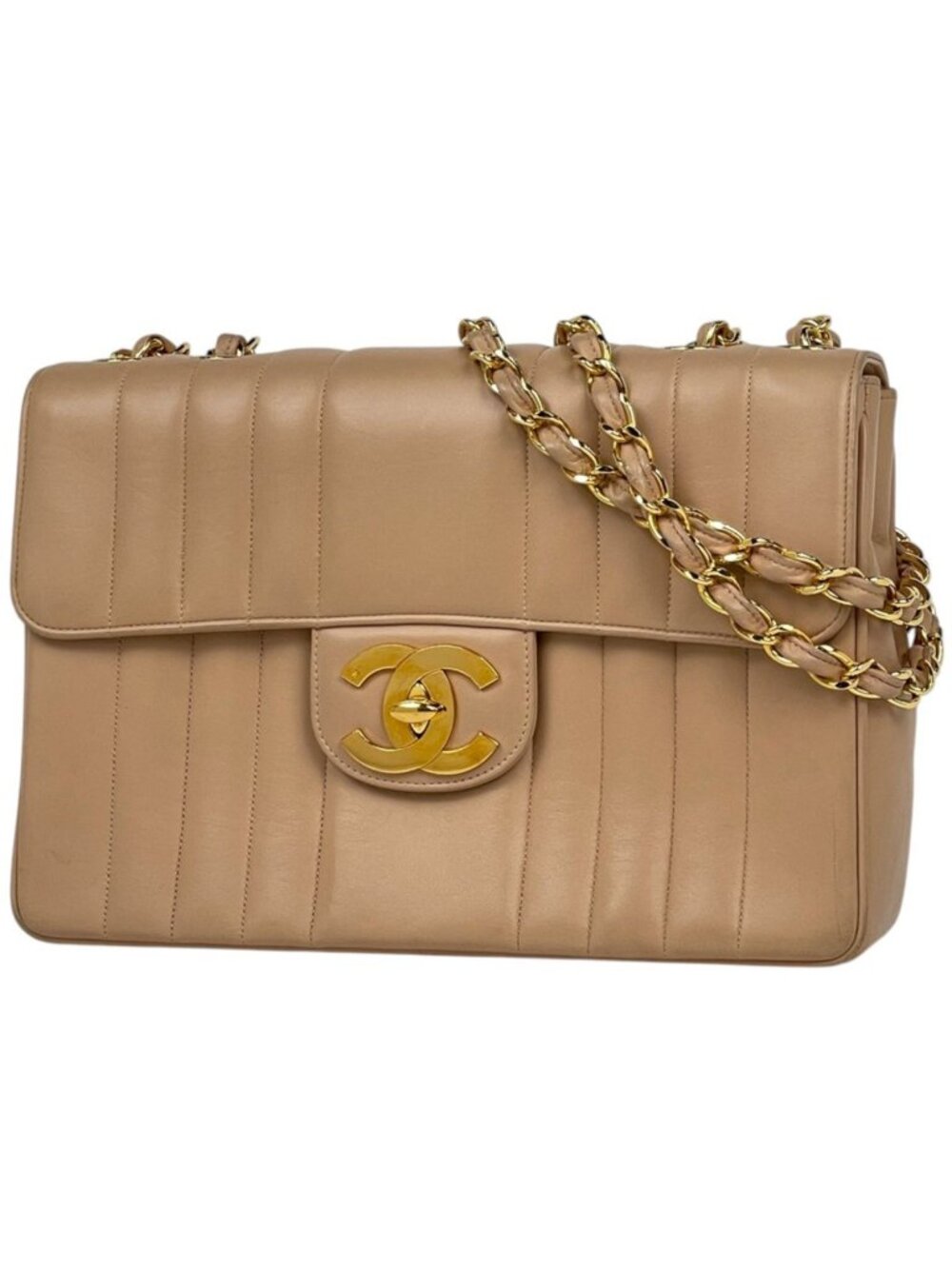 Chanel Shoulder Bag Mademoiselle CC Logo Leather Beige